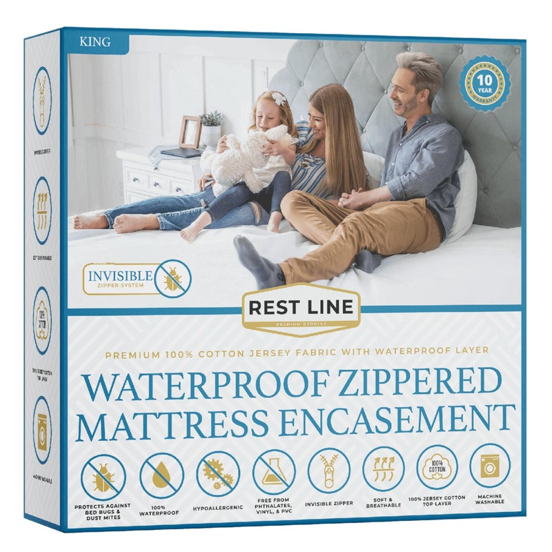 REST LINE PREMIUM BEDDING King Size 78x80â€ Premium Waterproof Zippered Mattress Encasement, 100% Cotton, Hypoallergenic, Six Sided Mattress Cover, Invisible Zippered, Soft Breathable up to 15" Deep - Rest Line - Image 1